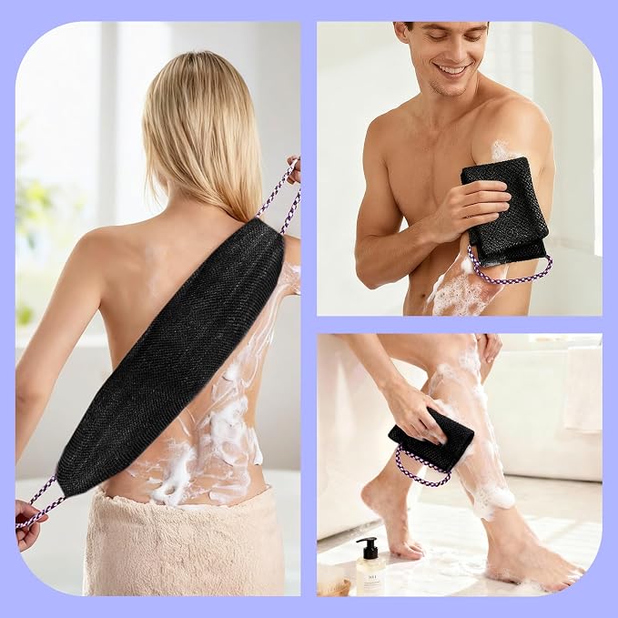 Manmihealth Dual-Sided Silicone Body Scrubber & African Bath Sponge Net Set | 2-in-1 Silicone Shower Shampoo Brush Africa Wash Net, Lather Well, Strong Exfoliating, Body Hair Wash (Black+Pink)