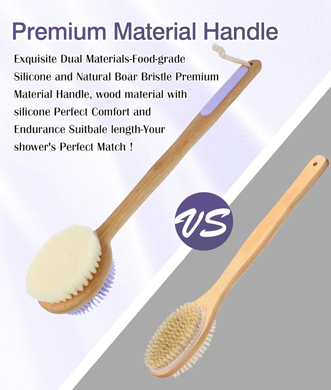 Back Scrubber for Shower - Double-Sided Silicone and Super-Dense Bristles for Deep Cleaning & Exfoliation, Bamboo Long Handle with Wider Anti-Slip Grip, Rich Foam, Durable (Purple)