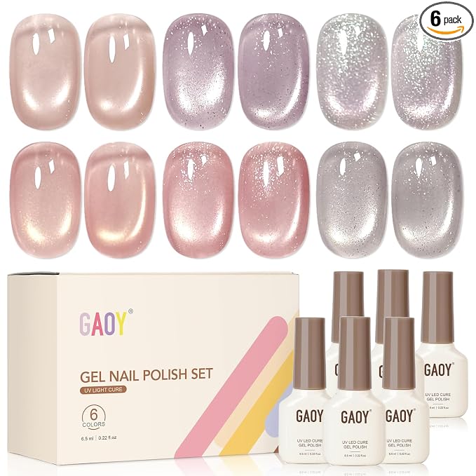 GAOY Cat Eye Gel Nail Polish Set 6 Colors with Magnet, Silk Blossom | Confetti Magnetic Neutral Nude Pink Purple, Glitter Holography DIY Manicure at Home, UV Lamp Required, Gift for Women