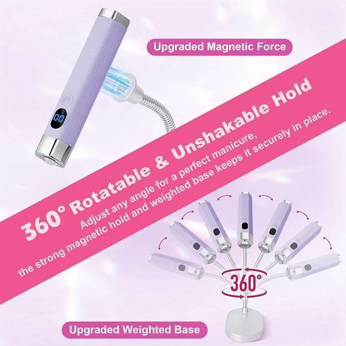 Mini Nail Lamp for Gel Nails with AI Sensor & Magnetic Stand,Rechargeable | Handheld or Handsfree Use,Flash Cure Nail Lamp for Gel X & Press on Nails,Gooseneck UV Light with LCD Display & 30/60s Timer