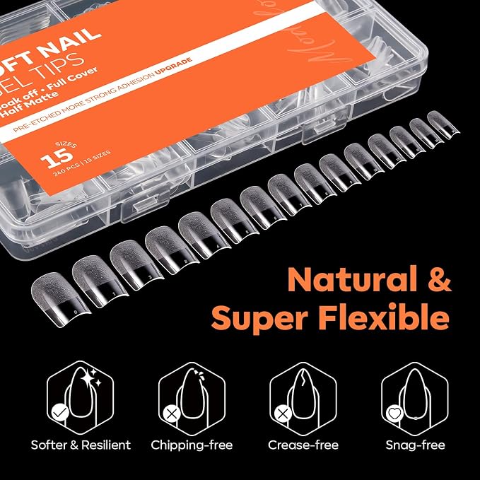 modelones Square Nail Tips, 240pcs Short Square Soft Gel Nail Tips | Full Cover Acrylic Extensions, Pre-Shaped 15 Sizes Press on Nails DIY Home or Professional Salon Use