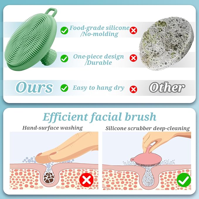 Silicone Face & Back Scrubber Set, Manual Face & Body Scrubber Exfoliator with Soft Bristles and Non-Slip Handle, Back Brush Bath Brush with Detachable Brush Head(2PCS Green Set)