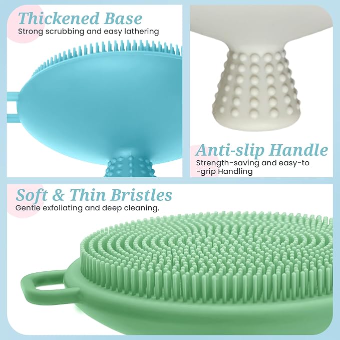 Silicone Face & Back Scrubber Set, Manual Face & Body Scrubber Exfoliator with Soft Bristles and Non-Slip Handle, Back Brush Bath Brush with 2 Detachable Brush Heads(3PCS Green Set)