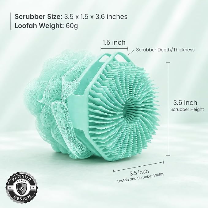 2-in-1 Silicone Body Scrubber & Mesh Loofah Sponge – Exfoliating Silicone Shower Scrubber with Soft Loofa Puff, Bristles, Non-Slip Grip, Quick Dry, Hygienic Body Scrubber for Women & Men
