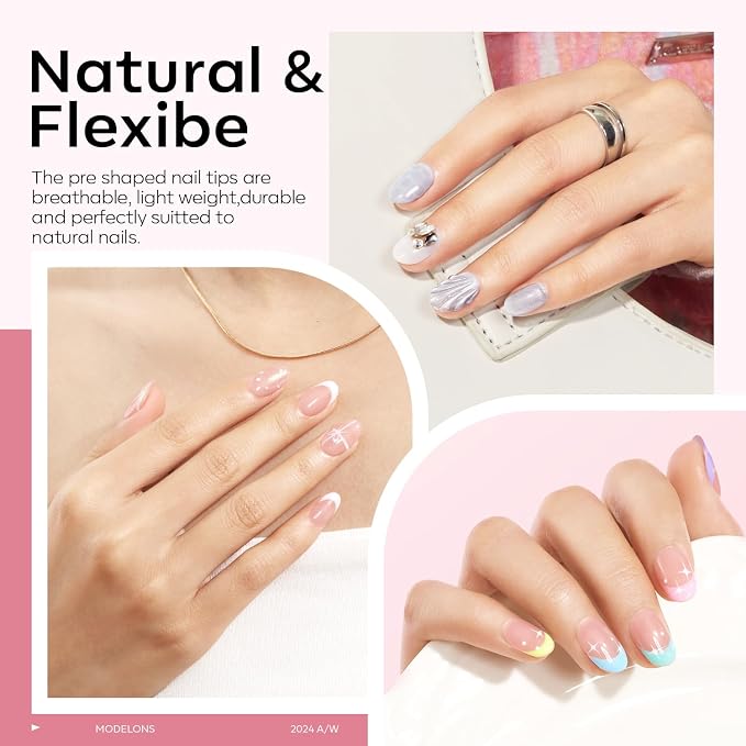 modelones X Nail Gel Kit, , 9-in-One Glue Prep Dehydrator UV Light Clipper | 510Pcs Extra Short Oval Round Fake Nails 15Sizes Pre-shaped Half Matte Press on Oval Tips for Extension DIY Salon
