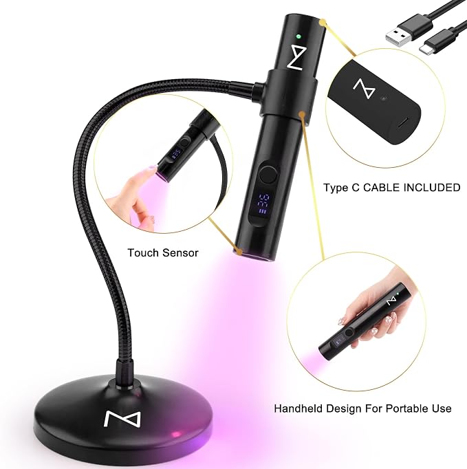 M - GlamCure GO Nail Flash Cure Lamp with Focus Beam Technology, Touch Screen - LED & UV Nail Light - Curing Lamp for Gel Nails, Acrylic, Builder - Both Portable & Adjustable (Black)