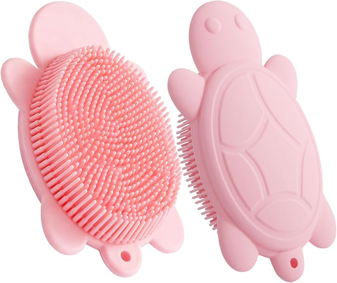 Baby Shower Brush,Kids Silicone Body and Back Exfoliating Mitt - Soft Bristles, Gentle Exfoliation, Cute Turtle Design Makes Children Love Bathing(Pink)