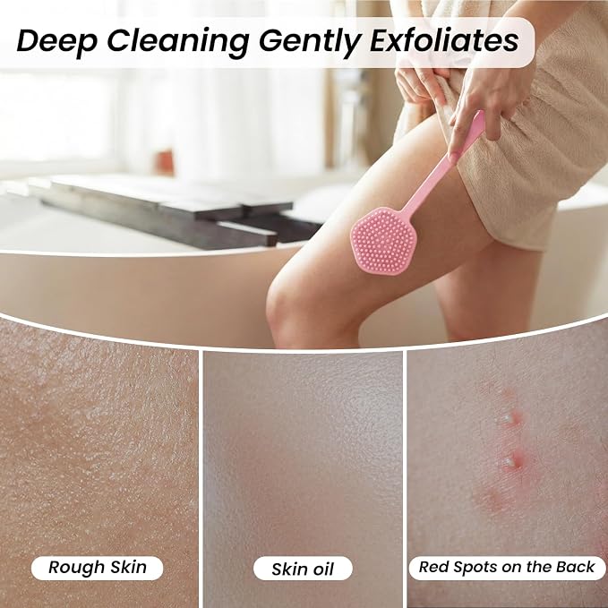 Redfly Silicone Back Scrubber for Shower Brush, 17 inch Long Handled Silicone Body Scrubber for Men & Women, Double Sided Shower Scrubber for Body Brush Exfoliator and Massage, Pink