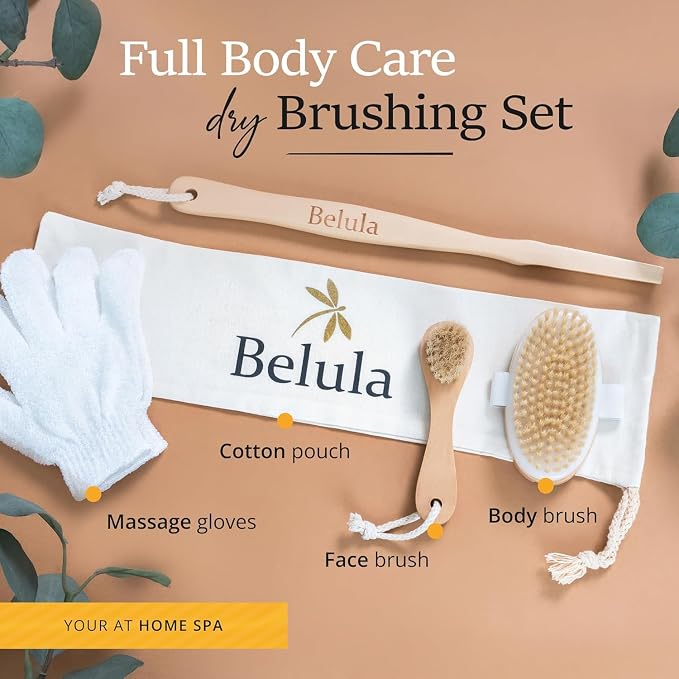 Belula 100% Boar Bristle Dry Brushing Body Brush Set, Face Brush, Gloves | Natural boar bristles, for dry skin, exfoliating face brush, bath gloves, travel bag, lymphatic drainage, boosts circulation