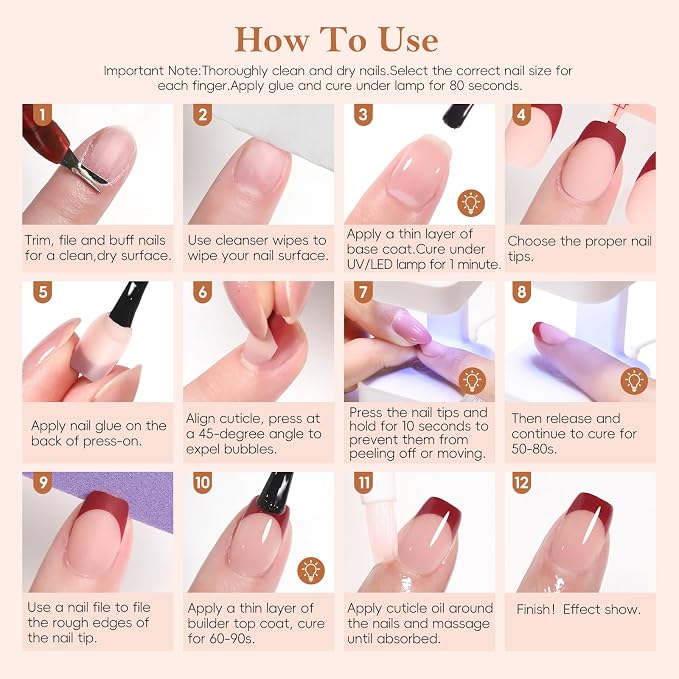 PEACECOLOR French Tip Press On Nails Kit - 150Pcs Short Square 5 Colors Nude Nail Tips Gel Nail Extension Kit with Nail Lamp Starter Kit Nail Glue Base & Top Coat Fake Nails Gift for Women Home DIY