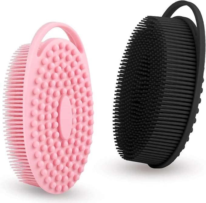 2 Pack Silicone Body Scrubber, Exfoliating Shower Scrubber for All Skin | 2 in 1 dual-sided design, soft bristles and massage bumps side, fast-drying, non-slip handle, for women and men, Black+Pink