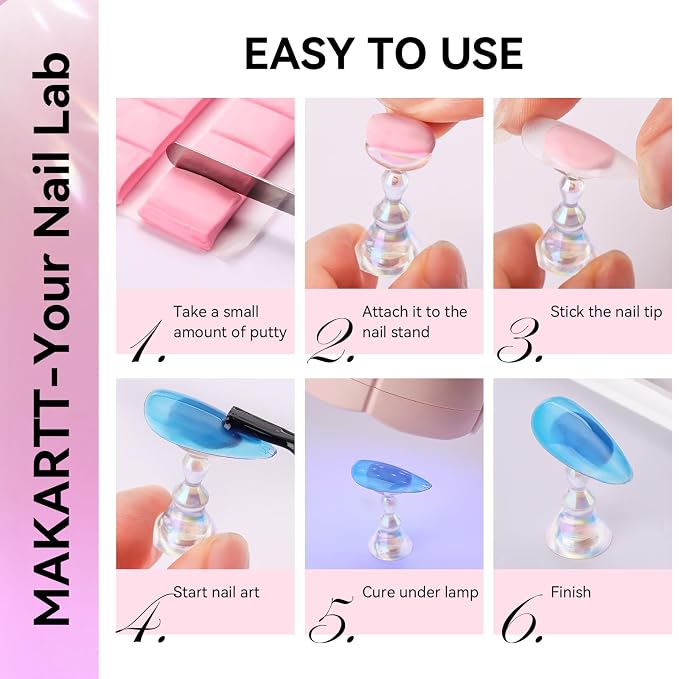 Makartt Nail Stand Kit: Magnetic Nail Holder for Press-On Nail Art Painting | Fake Nail Display Holder, Portable for Home DIY Beginner Salon Supplies, Reusable Putty Included, Aurora Pink & Clear Holders
