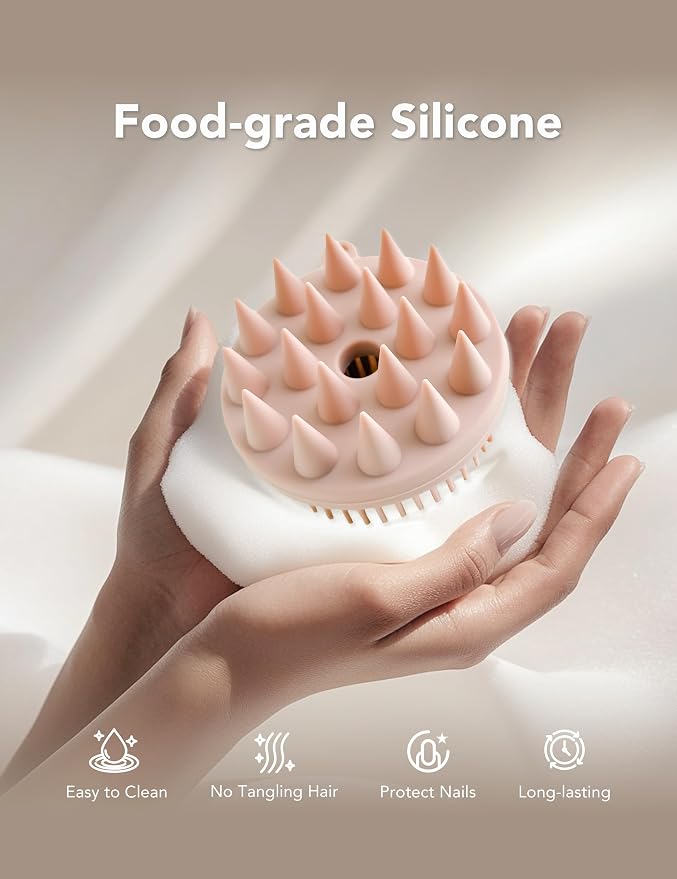 PRUOFRS Silicone Scalp Massager Shampoo Brush, Hair Scrubber with 2 Types Soft Silicone Bristles, Hair Growth & Dandruff Removal, Wet Dry Scalp Brush, Pink