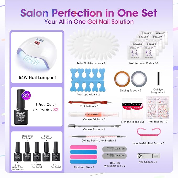 GELLEN Gel Nail Polish Kit With UV Light, 71PCS Set With 32 Colors | 54W UV/LED Lamp, 32 All-Season Colors, Base And Glossy, Matte, Glitter And Cat Eye Top Coats For DIY Home Manicures