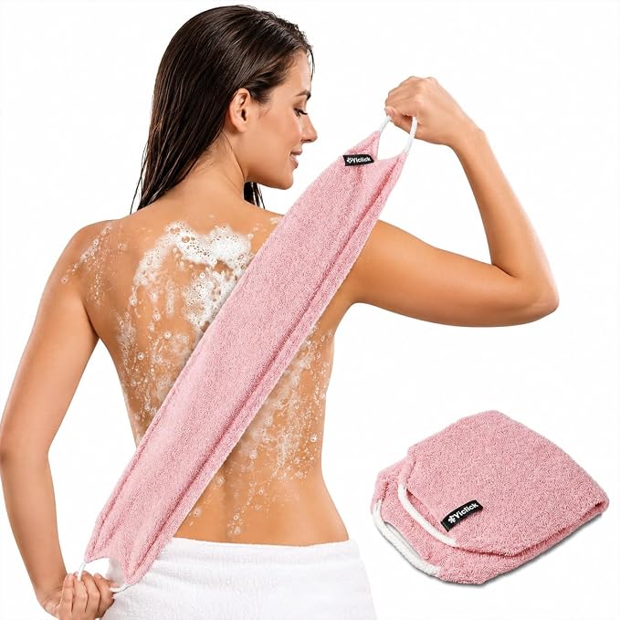 Yiclick Exfoliating Washcloth Towel with Handle, Back Scrubber for Shower, Exfoliating Body Scrubber Exfoliator, Japanese Wash Cloth for Body Scrub, Bath Sponge Loofah Luffa Washer Exfoliator