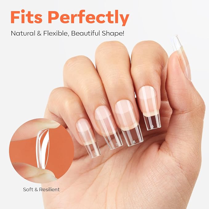 Modelones Medium Square Nail Tips Pre-shaped Soft Gel Fake Nails False Full | Acrylic Clear Full Cover Press on Extension Kit Gel Manicure DIY at Home 216PCS 12Sizes