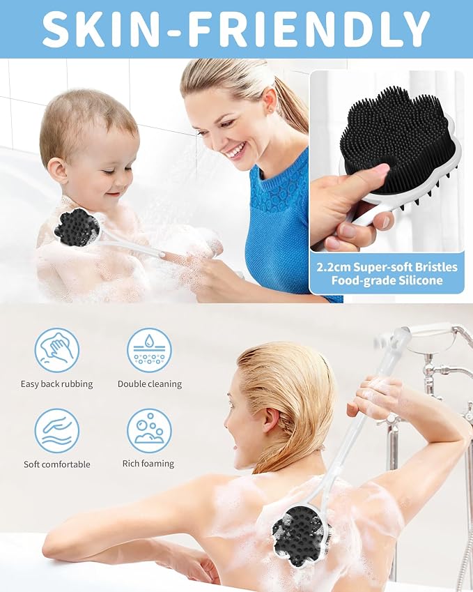 Manmihealth 15.7" Cute Silicone Back Scrubber with Long-Handle Black | Dual Use Back Brush for Shower with Super-Soft Silicone Bristles, Paw-Shaped Shower Body Scrubber for Sensitive Skin