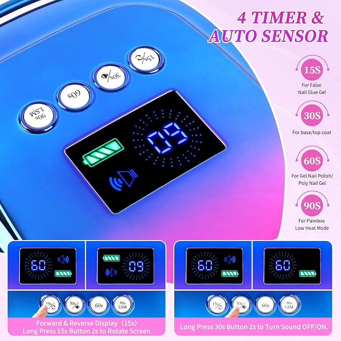 126W Rechargeable UV LED Nail Lamp, Portable Cordless Nail Dryer with Auto Sensor and 4 Timer Settings, Professional Curing Lamp for Gel Polish and Salon (Plating Blue)