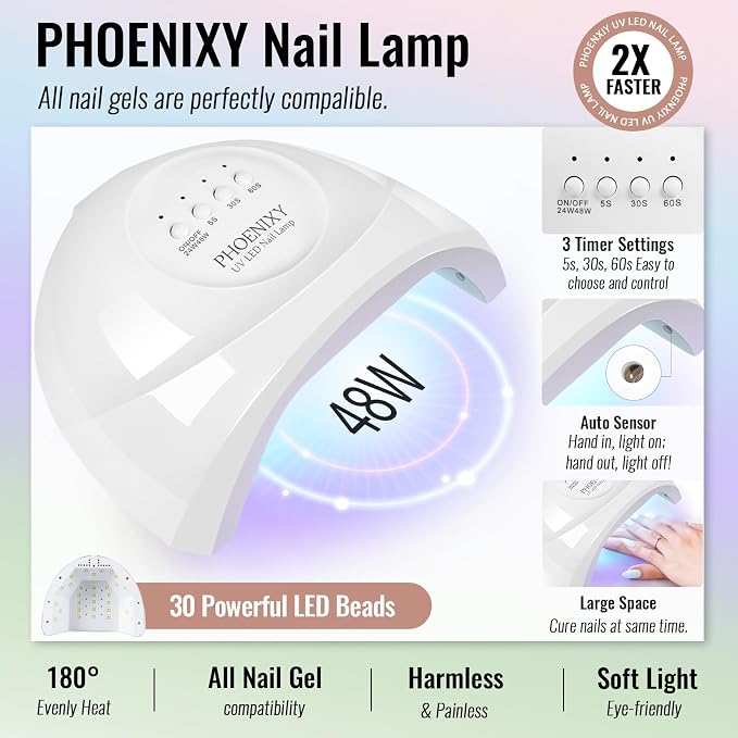 phoenixy Gel Nail Polish Kit with U V Light, 45 Colors All Seasons Soak Off 64 Pcs Gel Polish Nail Set with Base & Matte/Glossy/Glitter Top Coat Manicure Tools Complete Gel Nail Kit Gift for Women