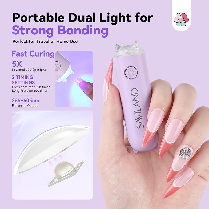 SAVILAND Solid Nail Glue Gel Kit, 20 g Glue, 60 mL Remover and UV Lamp | 60 mL fast-spray remover, 60-second lamp cure, castor oil and vitamin E, complete press-on solution for home and travel