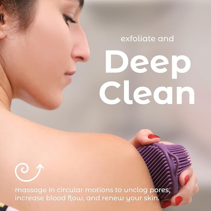 MainBasics Silicone Body Scrubber Dual-Sided, Purple, Exfoliate | Shower Exfoliator For Men & Women, Gentle Silicone Loofah Alternative for Deep Clean