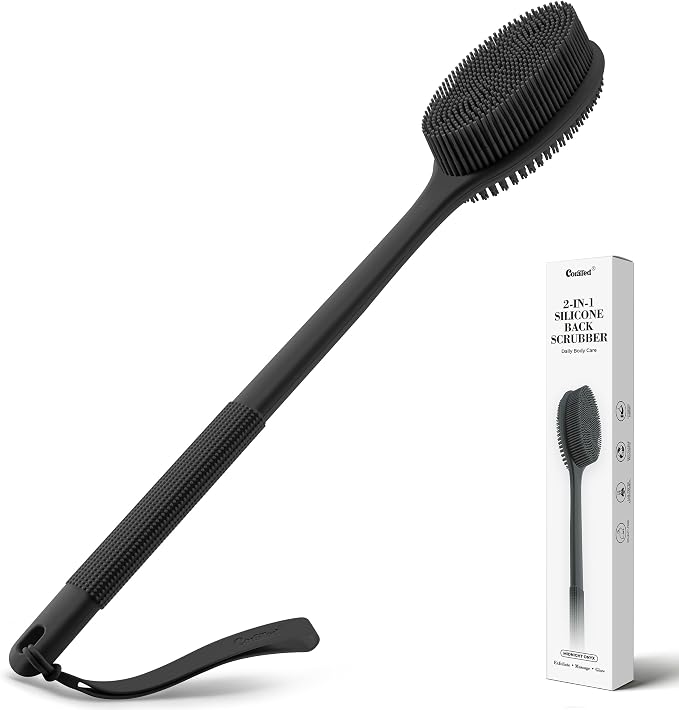 CORATED Silicone Back Scrubber for Shower, Exfoliating Body Scrubber with Long Handle, 2‑in‑1 Body Brush for Women & Men Daily Use, Loofah Alternative Bath Accessories