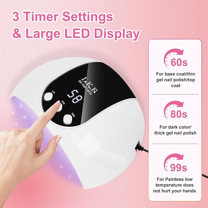 LKE 54W UV LED Nail Lamp, 3 Timers Fast Curing with Smart Sensor | Lightweight 18 Beads UV Nail Lamp for Home Travel