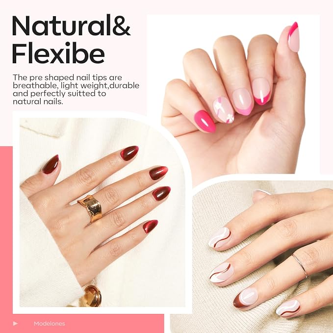 modelones X Nail Gel Kit Almond,15Sizes Fake Nails 510Pcs, 9-in-One Glue Prep Dehydrator & Portable Mini U V Light Acrylic Clipper, Extra Short Almond Press on Tips Extension Kit