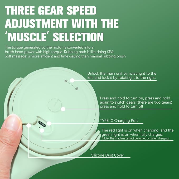 Electric Body Brush Back Scrubber for Shower, Waterproof Long Double-Handled Four-Head Electric Body Scrubber, Rechargeable Bath Brush, for Cleaning, Exfoliation and Skin Massage (Mint Green)