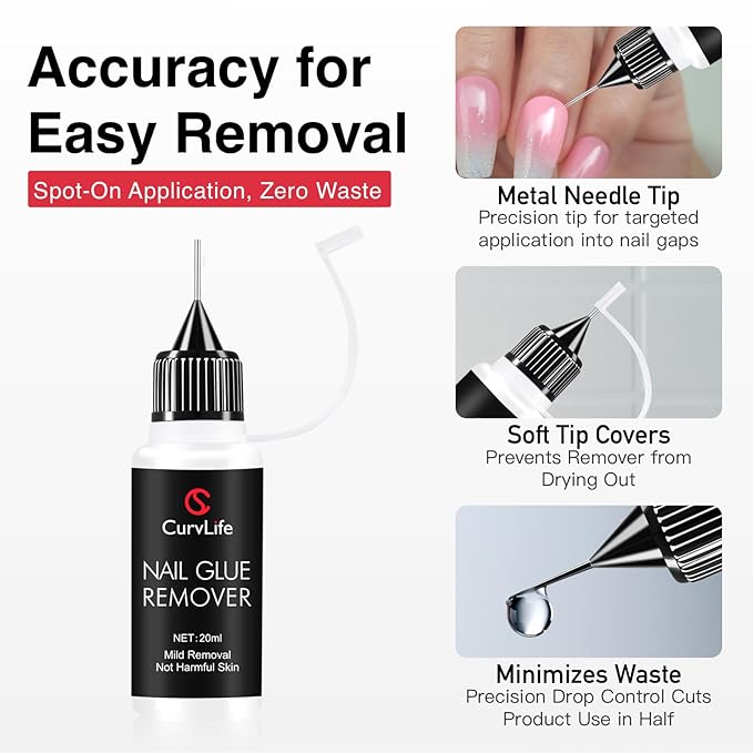 Curvlife 15g Semi-Solid Glue Gel and 20ml Pinpoint Glue Remover Kit for Press on Nails, Quick Dry No UV Lamp Needed with Gentle Non-Acetone Remover For Fake Nail Tips