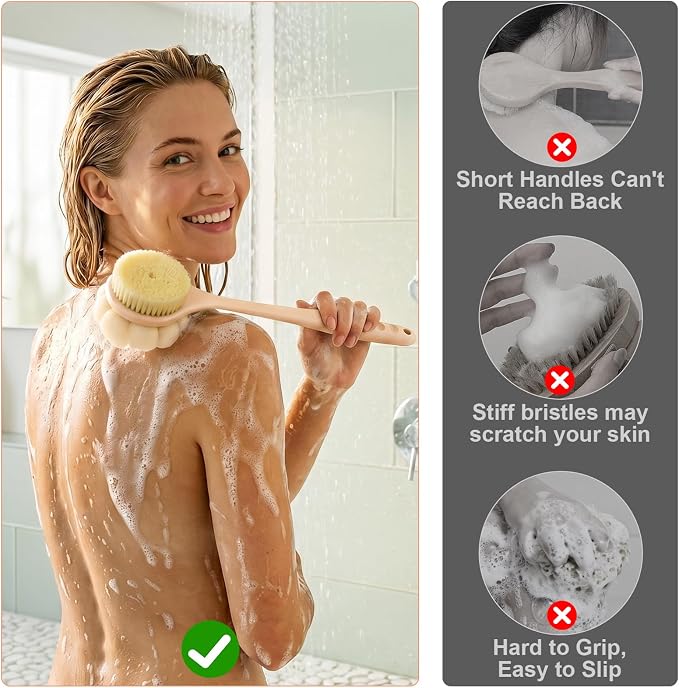 Back Scrubber for Shower with Long Handle, Double-Sided Shower Brush for Body, Loofah Back Scrubber & Bristle Bath Brush, Back Brush for Shower Exfoliating Hard-to-Reach Areas, Bath Brush Long Handle