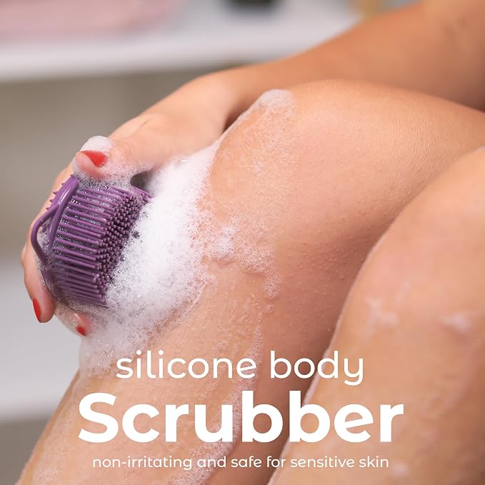 MainBasics Silicone Body Scrubber Dual-Sided, Purple, Exfoliate | Shower Exfoliator For Men & Women, Gentle Silicone Loofah Alternative for Deep Clean