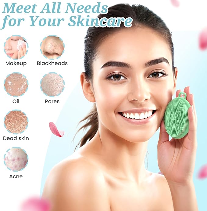 Silicone Face & Back Scrubber Set, Manual Face & Body Scrubber Exfoliator with Soft Bristles and Non-Slip Handle, Back Brush Bath Brush with 2 Detachable Brush Heads(3PCS Green Set)