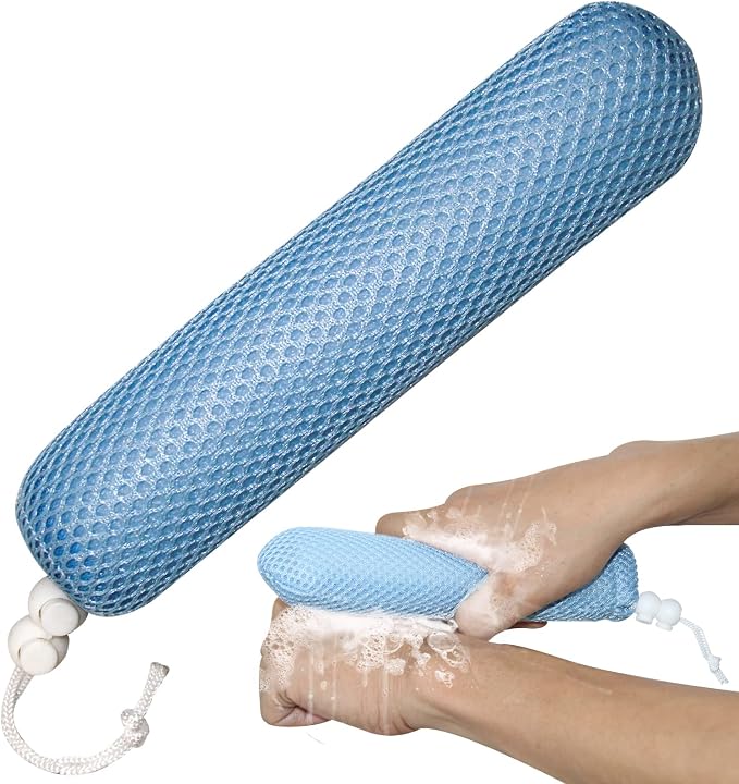 Back Bath Brush with Sponge, 15.35"Back Scrubber with Anti-Slip Long Handle | Back Scrubber for Shower, Curved Long Handle Bath Body Brush for Elderly Aid Bathing and Shower, Exfoliating Body Scrubber