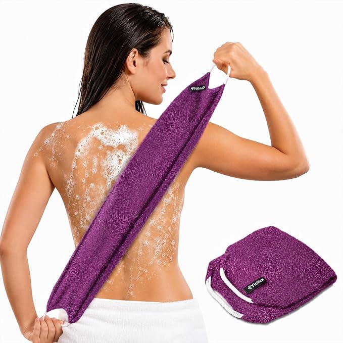 Yiclick Exfoliating Washcloth Towel with Handle, Back Scrubber for Shower, Exfoliating Body Scrubber Exfoliator, Japanese Wash Cloth for Body Scrub, Bath Sponge Loofah Luffa Washer Exfoliator