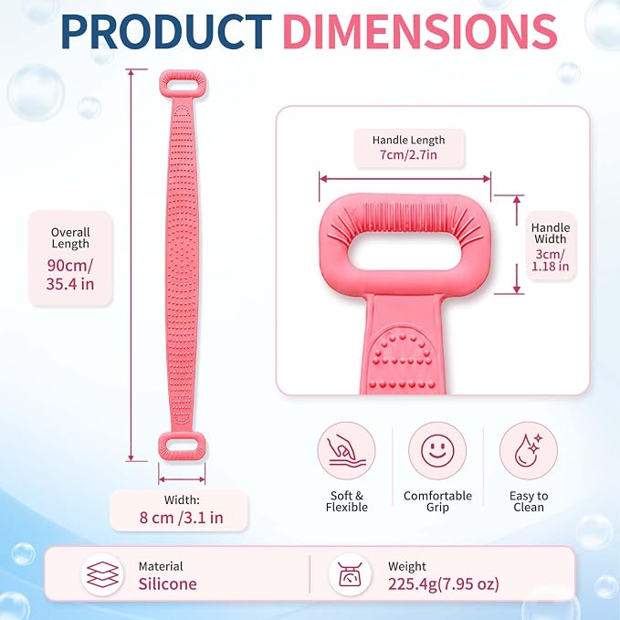 Manmihealth 36'' Extendable Silicone Back Scrubber for Shower Gray+Pink | Back Washer with Long Strap Handle, Dual-Sided Silicone Body Brush for Men and Women