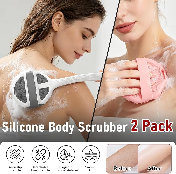 Back Scrubber for Shower 2 Pack, Silicone Scrub Brush with Long Handle & Unique Soft Body Scrubber, Detachable Body Brush Shower Lather Well Deep Clean Exfoliating for Women Men Sensitive Skin Gy&Pk