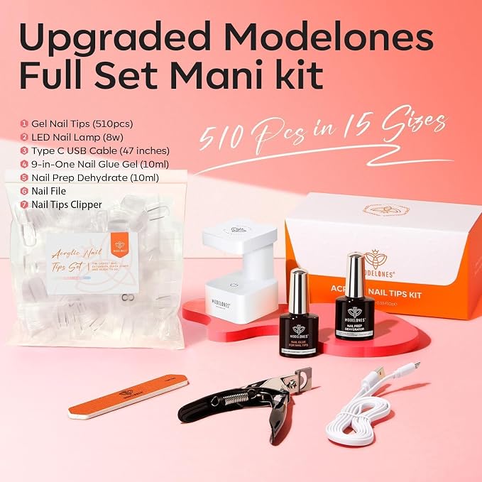 modelones X Nail Gel Kit Almond,15Sizes Fake Nails 510Pcs, 9-in-One Glue Prep Dehydrator & Portable Mini U V Light Acrylic Clipper, Extra Short Almond Press on Tips Extension Kit