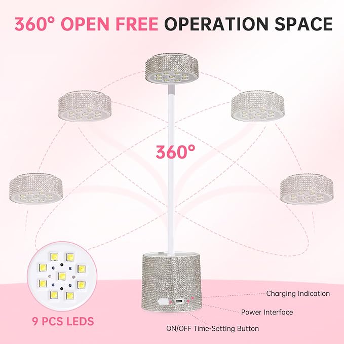 Flash Cure Nail Lamp, UV Nail Lamp for Gel Nails, Cordless Auto Sensor | 27W | Type-C | 1500mAh | Rhinestone | Mini Size | Easy to Carry | DIY Manicure | White Diamond