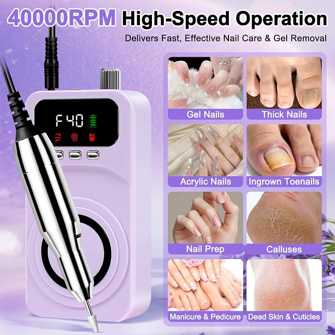 TPQKA PurpleNail 2 in 1 Nail Drill with UV Light, Professional Electric Nail File Kit 40000RPM, Rechargeable Manicure Pedicure Tools Set with 12 Bits & Lamp for Acrylic Gel Nails (Purple Silver)
