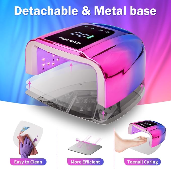 PURTATO Professional Rechargeable 96W UV LED Portable Cordless UV Light for Nail Lamp Machine with Removable Stainless Steel Bottom,4 Timer Setting and Smart Sensor Nail Dryer (Blue&Purple)