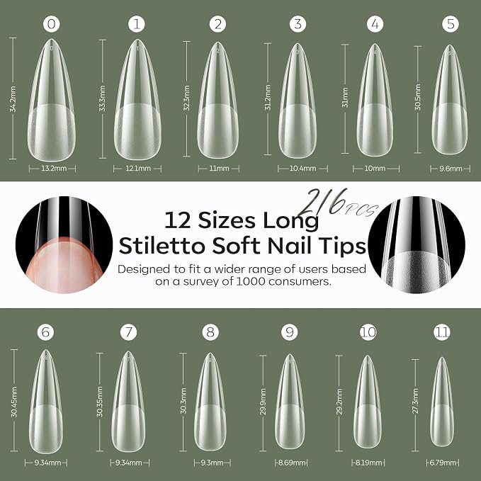 Modelones Long Stiletto Nail Tips Pre-shaped Soft Gel Fake Nails False Full | Acrylic Clear Full Cover Press on Extension Kit Gel Manicure DIY at Home 216PCS 12Sizes