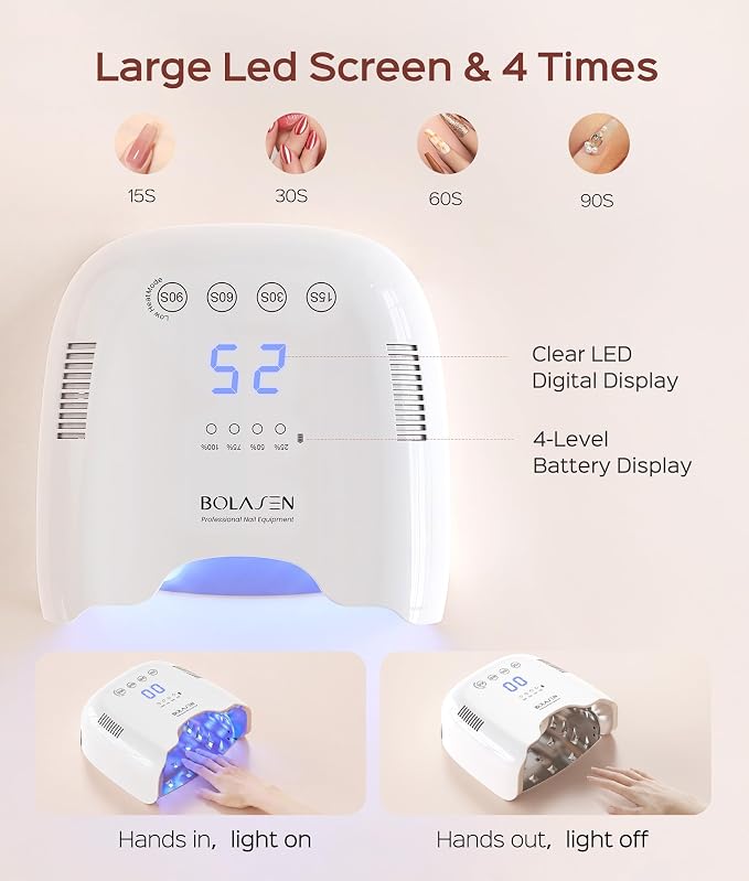 BOLASEN Cordless Rechargeable UV Nail Lamp - UV Light for Gel Nails with Metallic Reflector & Metal Base, 54W Portable Wireless LED Nail Dryer, Professional Fast Charger Curing Lamp for Salon, White