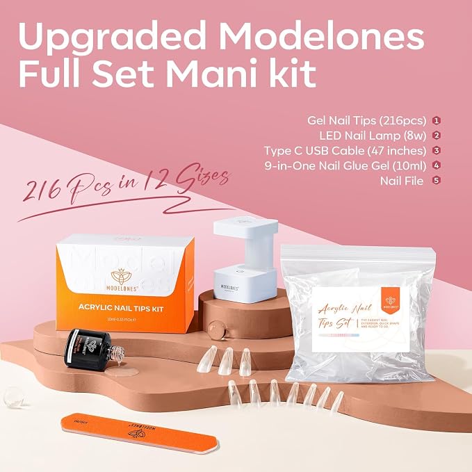 modelones X Nail Gel Kit Long Coffin, 9-in-One Nail Glue with UV Light | 216Pcs 12Sizes Pre-Etched Press ons Fake Acrylic Extension Kit DIY Salon Gift