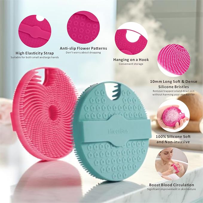 Silicone Body Scrubber Shower Brush,Super Exfoliating Body Brush with Non-Slip Strap-Effective Showering Exfoliation and Gentle Massage for Men Wome,Durable Use Brush (Pink)
