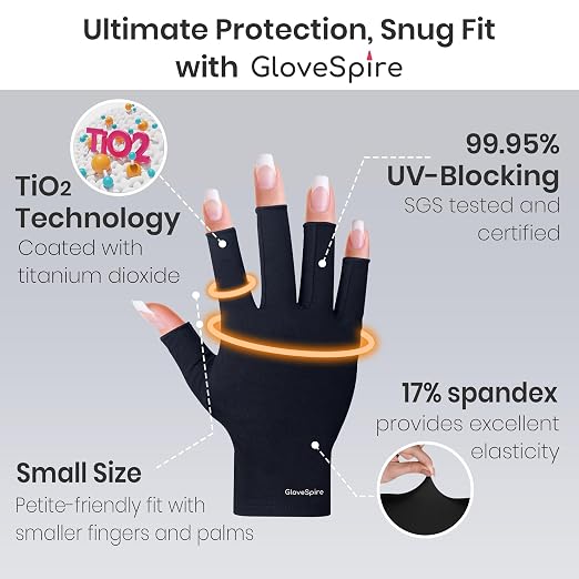 Small Hand UPF50+ UV Gloves for Nails, Thickened, XS, White | Fingerless, Sun & UV Protection, Thickened Stretch Fabric, 2 Sizes for a Better Fit, Included Storage Pouch, Home & Salon Use