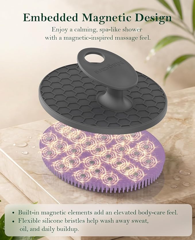 Magnetic Silicone Body Scrubber, Massaging Body Exfoliator, Black | with Deep Relaxing Nodes for Skin Vitality & Muscle Relief, Hygienic & Ergonomic Shower Brush for Men & Women