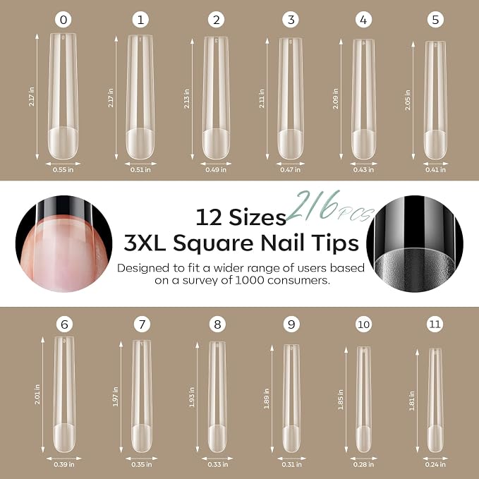 Modelones Long Square Nail Tips 3xxxl Straight Pre-shaped Soft Gel Fake Kit | Acrylic Clear Full Cover Press on Extension Kit Gel Manicure DIY at Home 216PCS 12Sizes