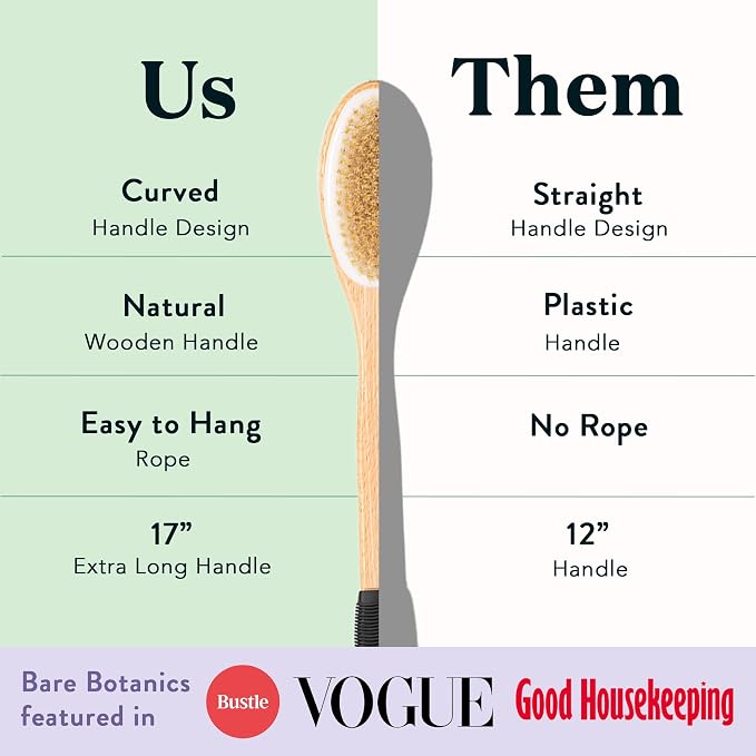 Bare Botanics 17" Extra Long Dry Body Brush - Medium Firmness Back Scrubber | Ergonomic Curved Handle with Silicone Grip and Hang Rope | Natural Bristles | For Shower Use
