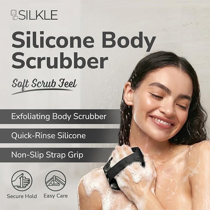 SILKLE Silicone Body Scrubber Exfoliator, Shower Scrubber & Silicone Loofah | Exfoliating Body Scrubber, Non-Slip Grip - Silicone Bath Brush & Shower Brush for Body, Quick-Rinse One-Piece Design - Black